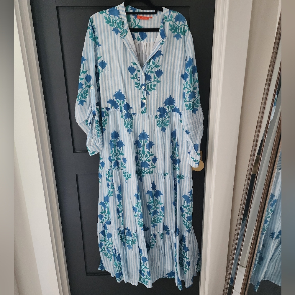Oliphant Jaipur Striped Light Blue Floral Tiered Maxi Dress - Picture 5 of 6